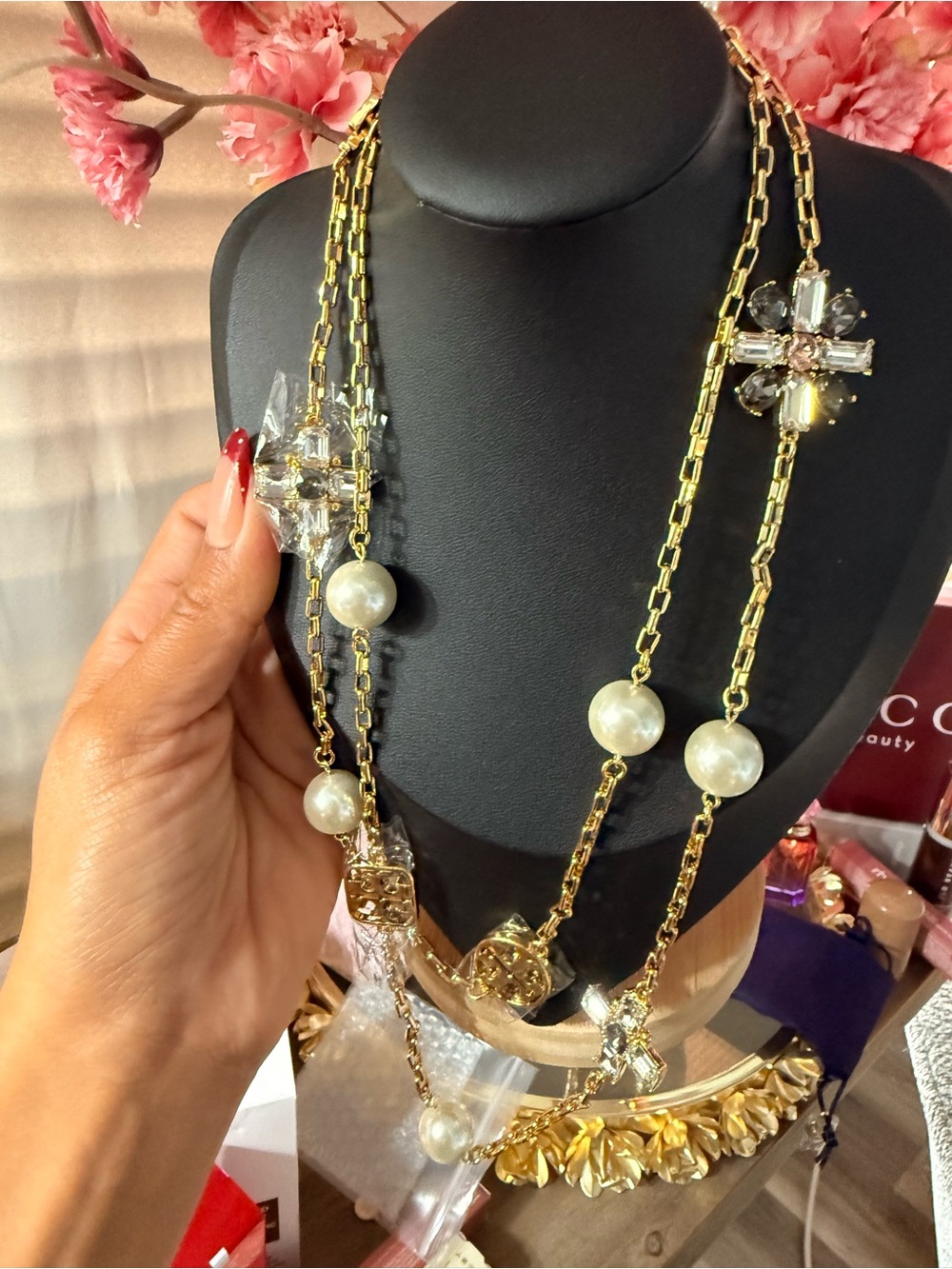 Tory Burch Gold-Tone Long Pearl and Crystal Gem necklace with Gold Logo